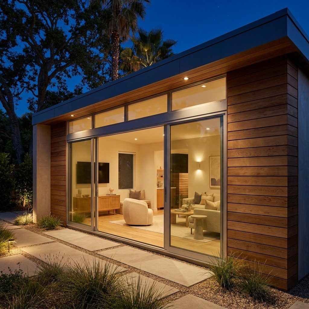Modern backyard ADU with wood siding and glass doors in San Jose