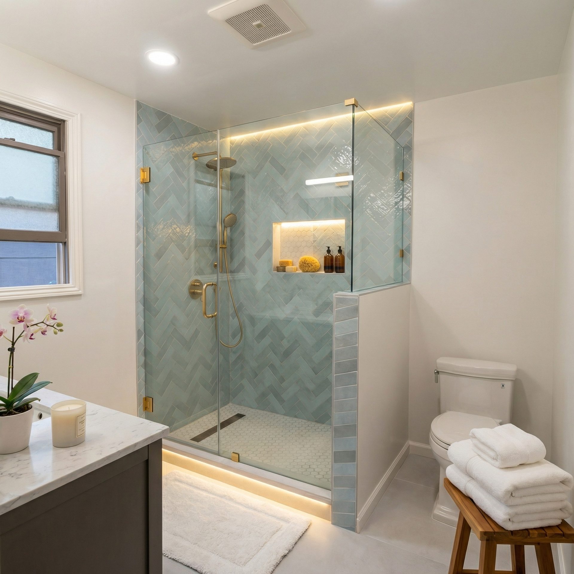 Modern bathroom with blue herringbone tile and glass shower