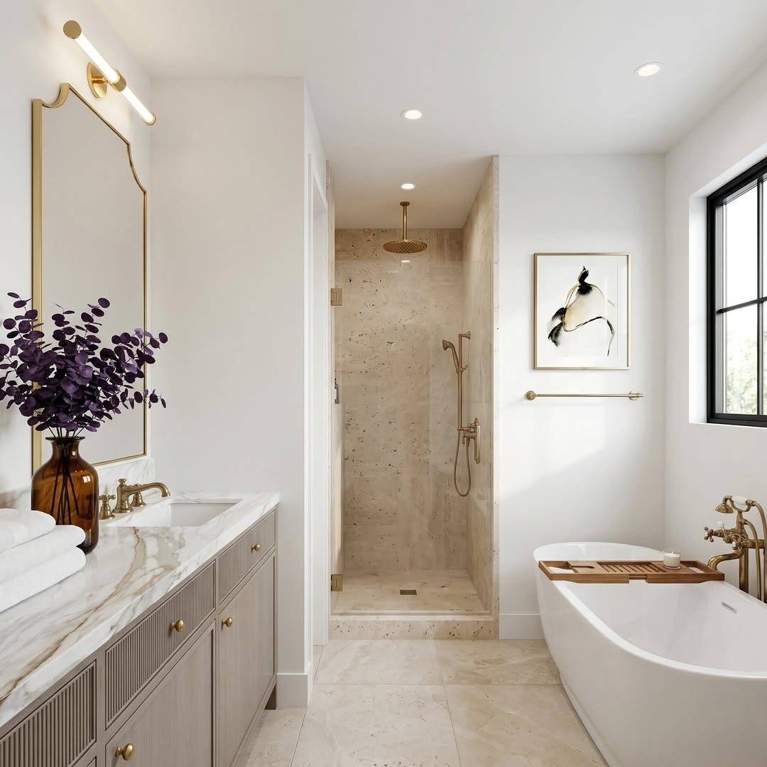 Bright bathroom with freestanding tub and walk-in shower