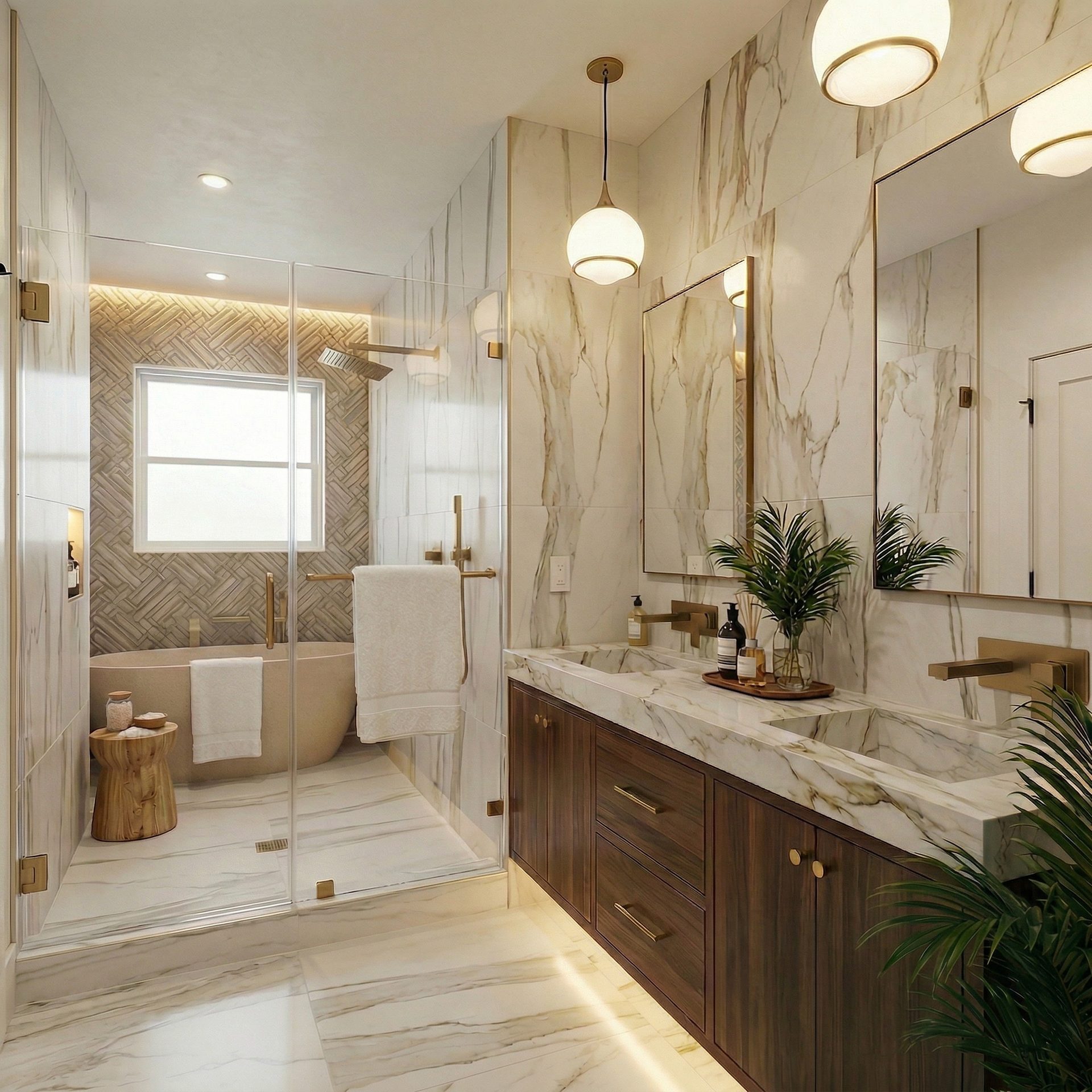 Luxury double vanity bathroom with marble and gold accents