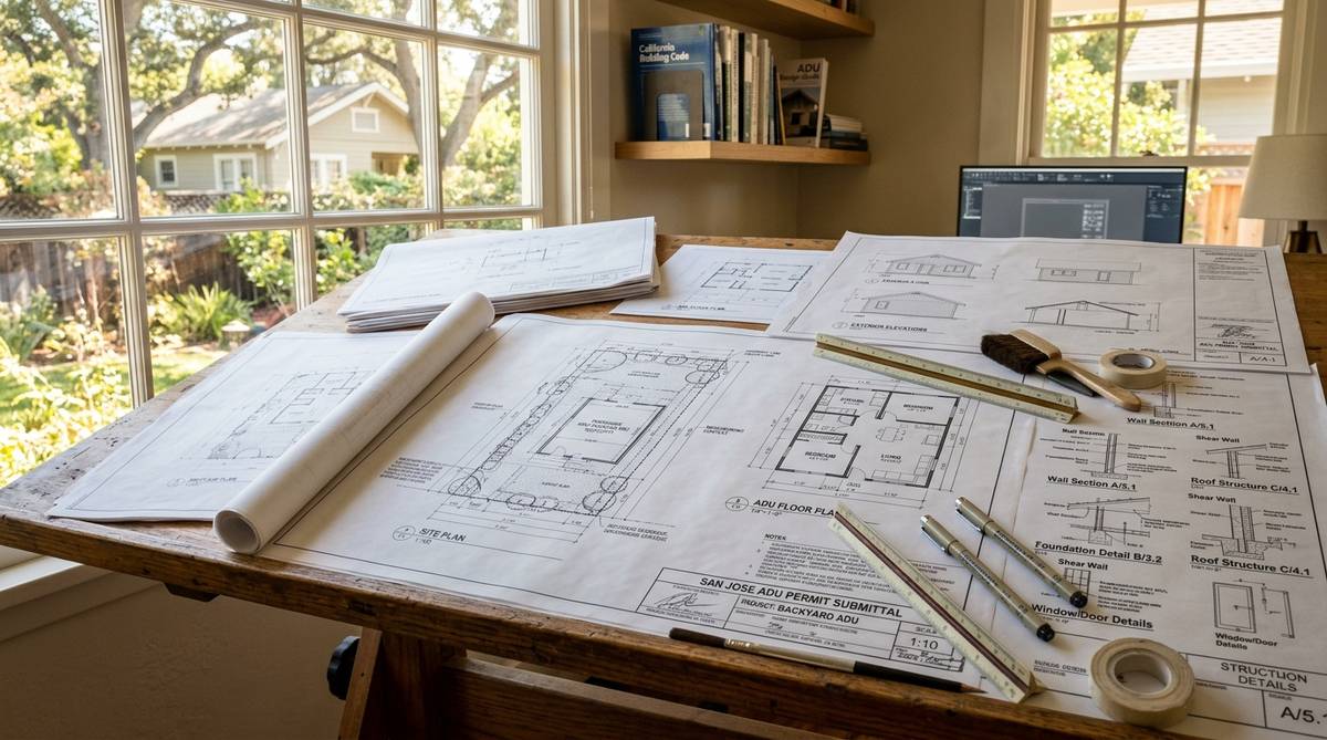 San Jose ADU permit process plans and site drawings for a backyard unit project