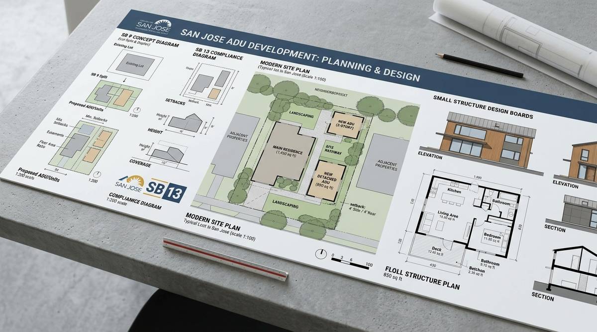San Jose ADU planning documents with SB 9 and SB 13 concept diagrams and site plans