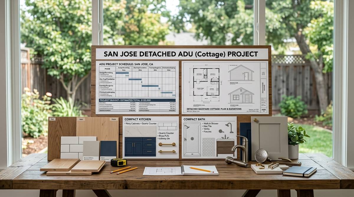 San Jose ADU timeline and budget planning with detached unit drawings and finish boards