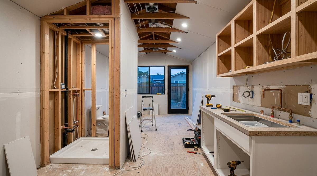 Compact modern ADU under construction in San Jose with kitchenette and bathroom rough-in details