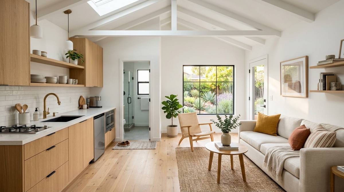 ADU garage conversion cost example showing a finished San Jose garage conversion with kitchenette and living area