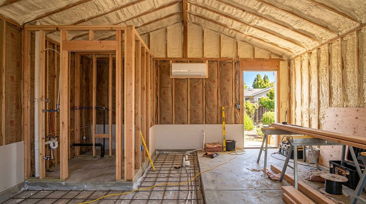 ADU garage conversion construction details with framed walls insulation and slab preparation in a Bay Area home