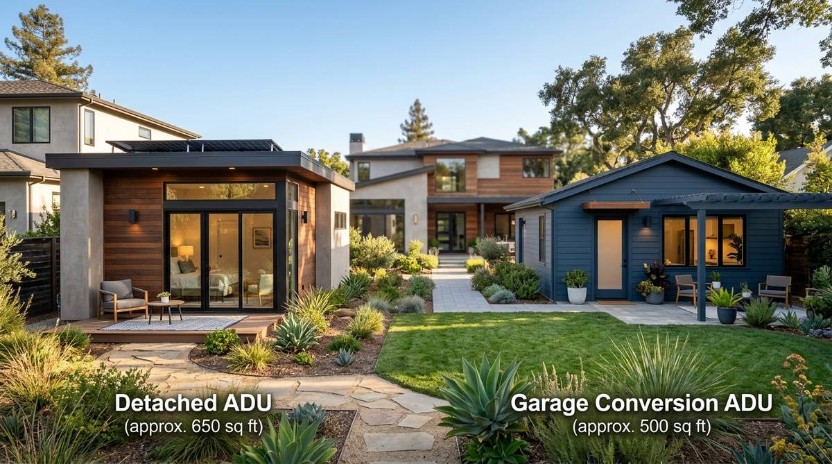 Garage conversion versus ground-up ADU comparison on a California residential property
