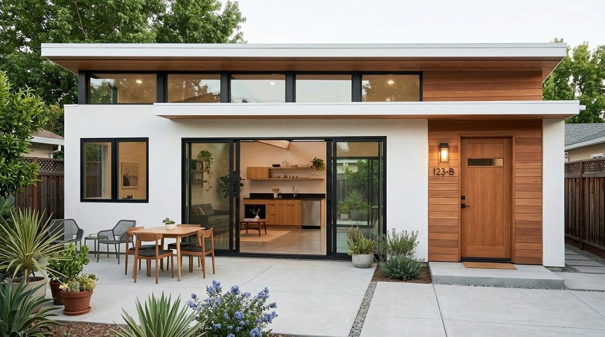 California garage conversion exterior becoming a finished ADU with new entry windows and clean residential detailing