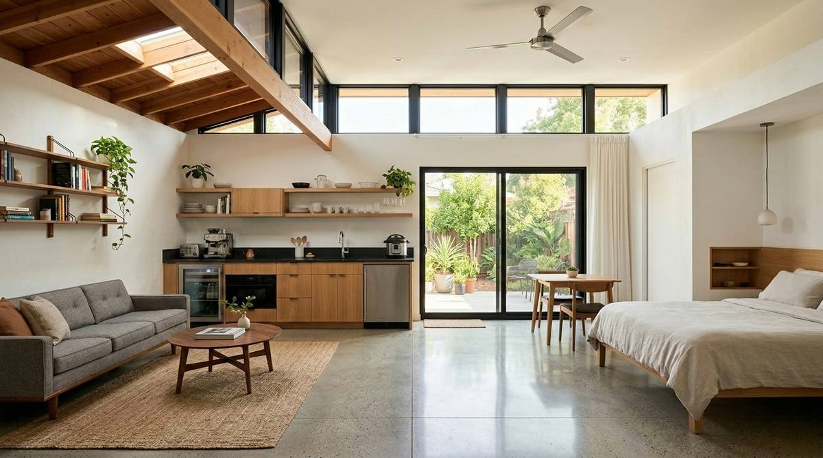 Compact garage conversion ADU interior with efficient kitchenette and modern living area in California