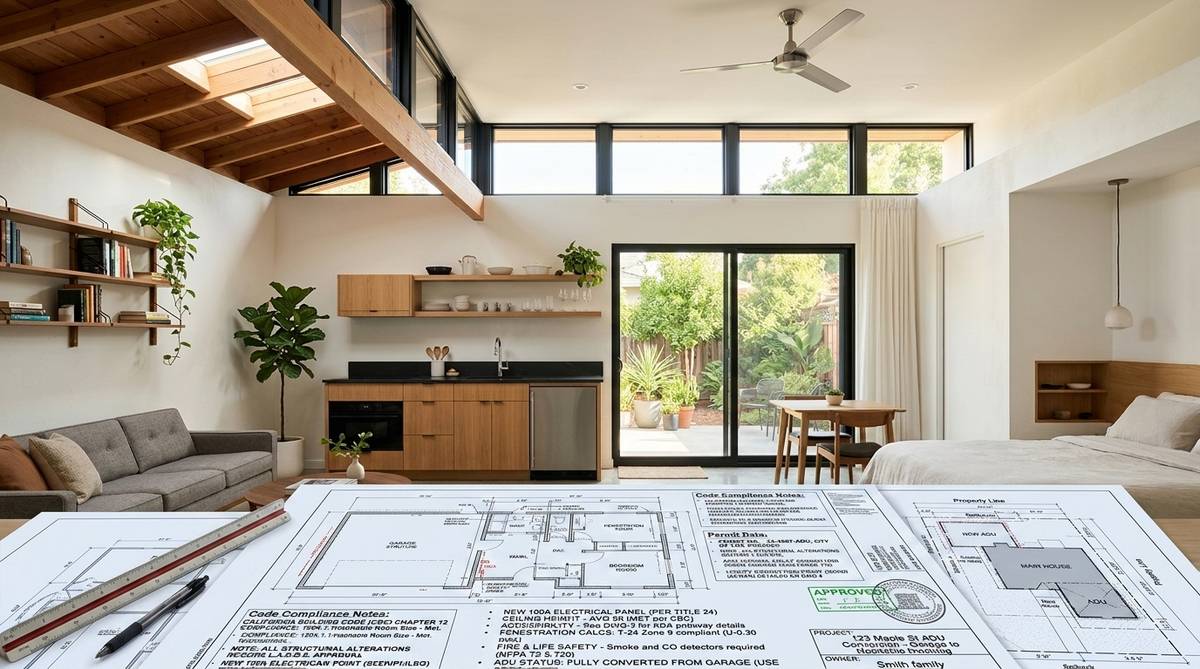 Garage-to-ADU permit planning with architectural drawings code notes and a finished California conversion in the background
