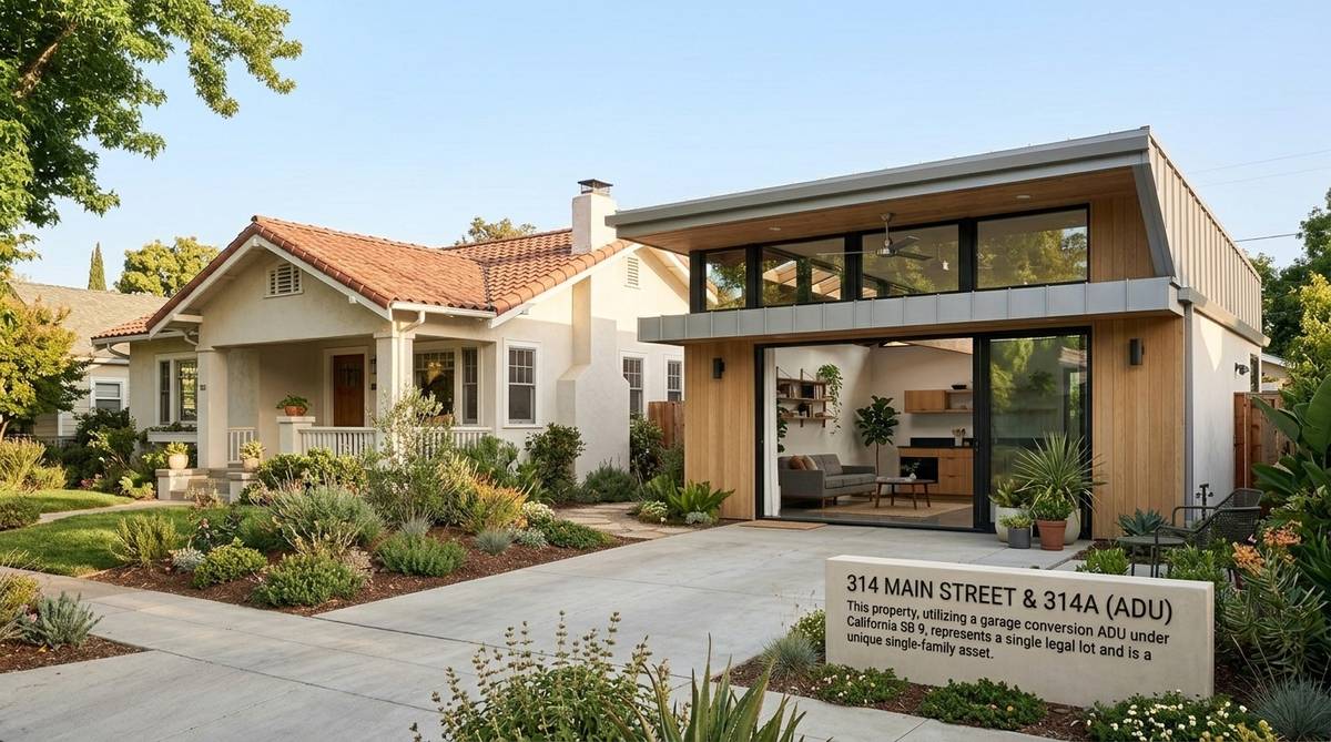 California single-family property illustrating garage conversion ADU potential under SB 9 with main home and accessory structure