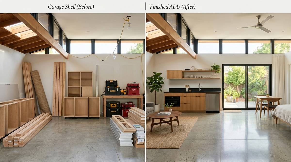 Garage conversion ADU timeline concept showing staged progress from garage shell to finished compact living unit