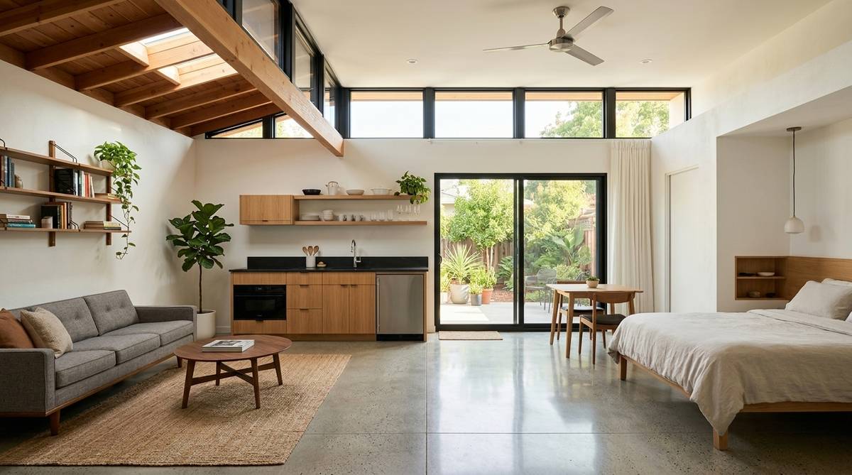 Finished garage conversion ADU with compact kitchenette sleeping zone and rental-ready finishes in San Jose