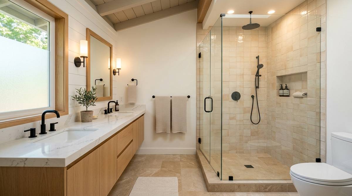 Sunnyvale bathroom remodel cost example with upgraded vanity shower and warm California finishes