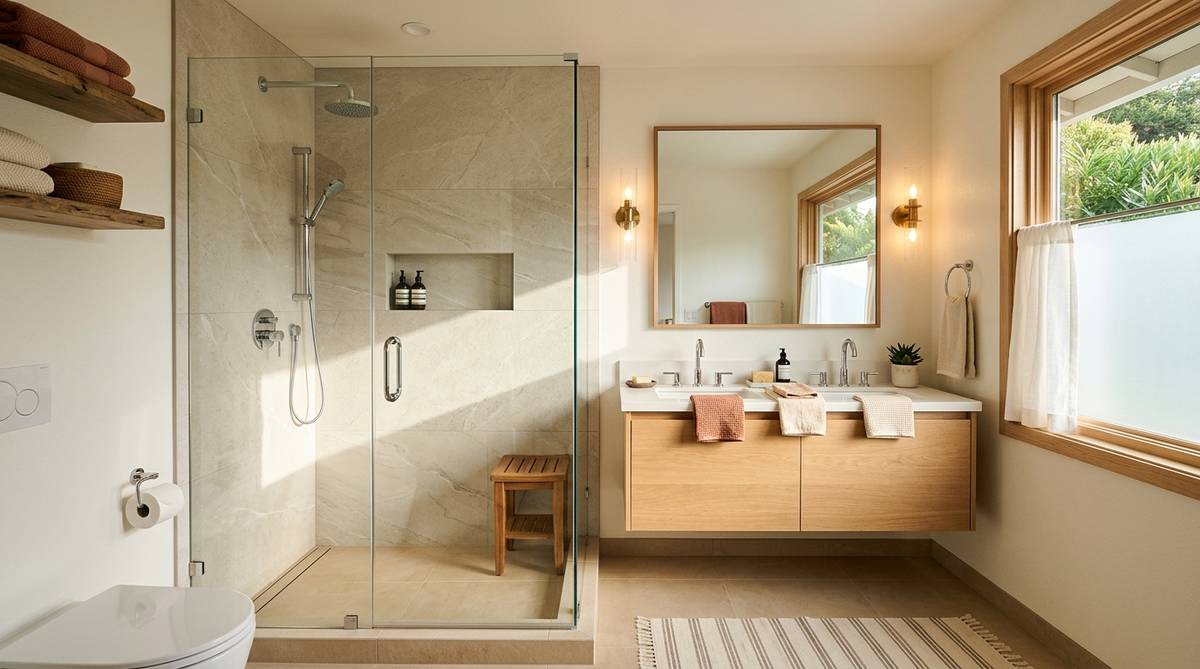 Sunnyvale ranch home bathroom design with large-format tile floating vanity and frameless shower