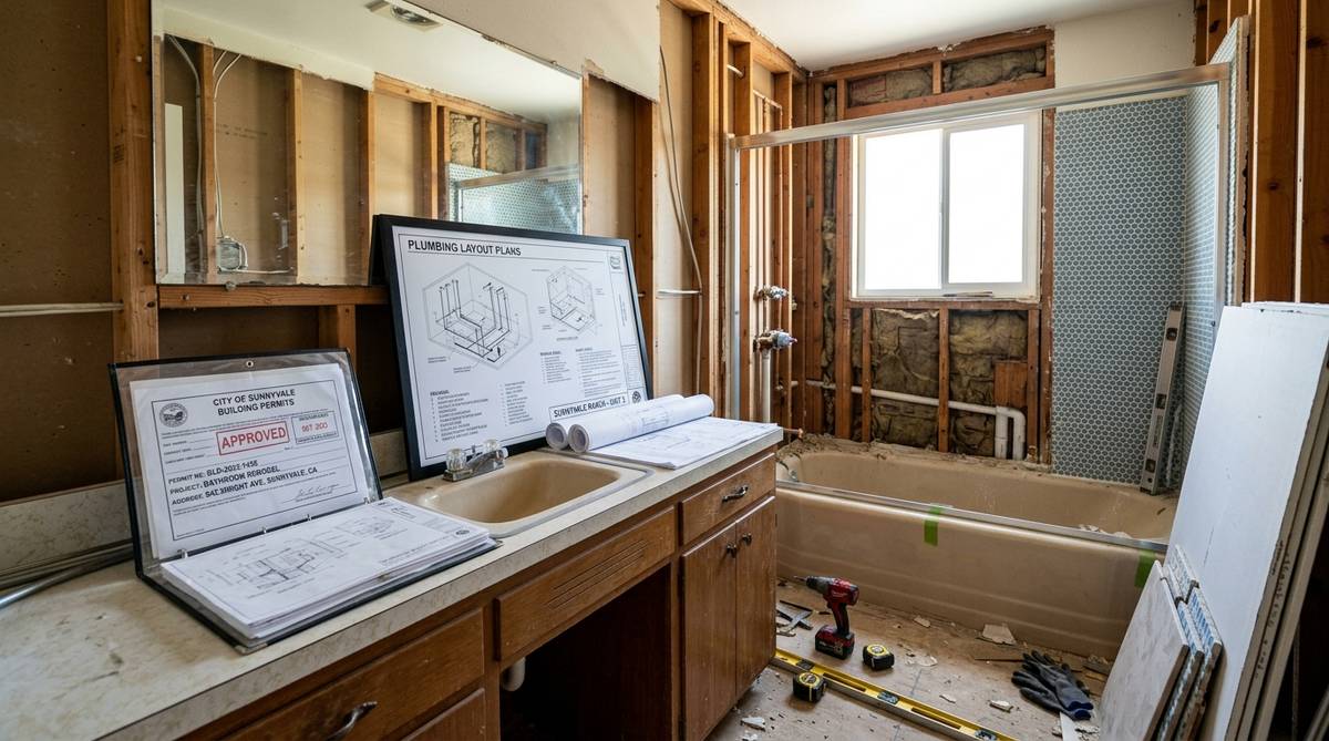 Sunnyvale bathroom renovation permit set and plumbing layout in a ranch home remodel