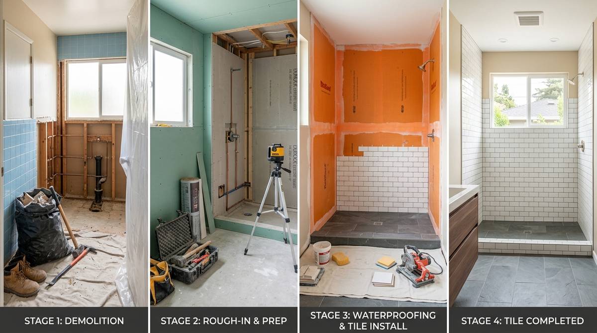 Sunnyvale bathroom remodel timeline scene showing demo, tile, and finish stages