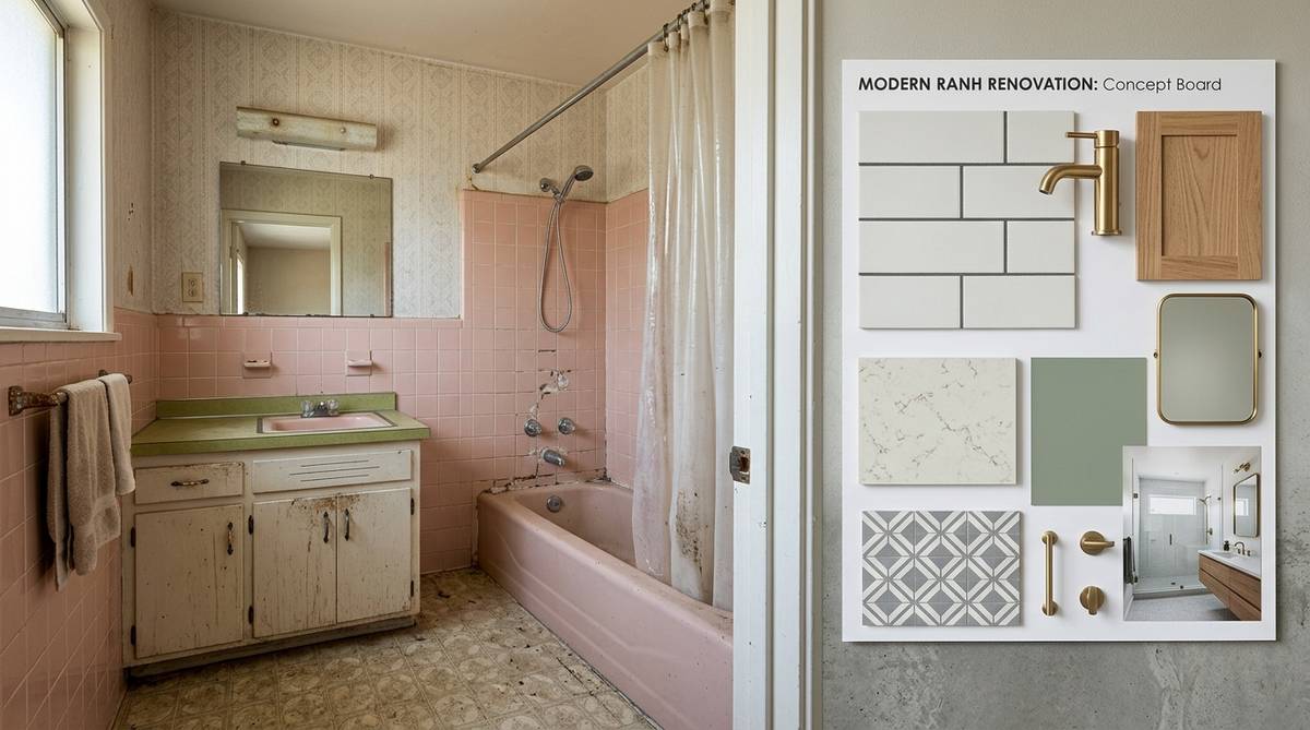 Sunnyvale ranch bathroom repair versus remodel comparison with updated renovation concept