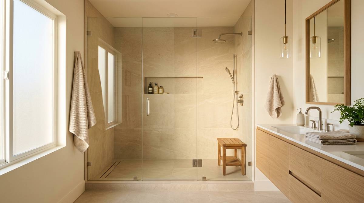 Walk-in shower conversion with frameless glass, linear drain, and large-format wall tile