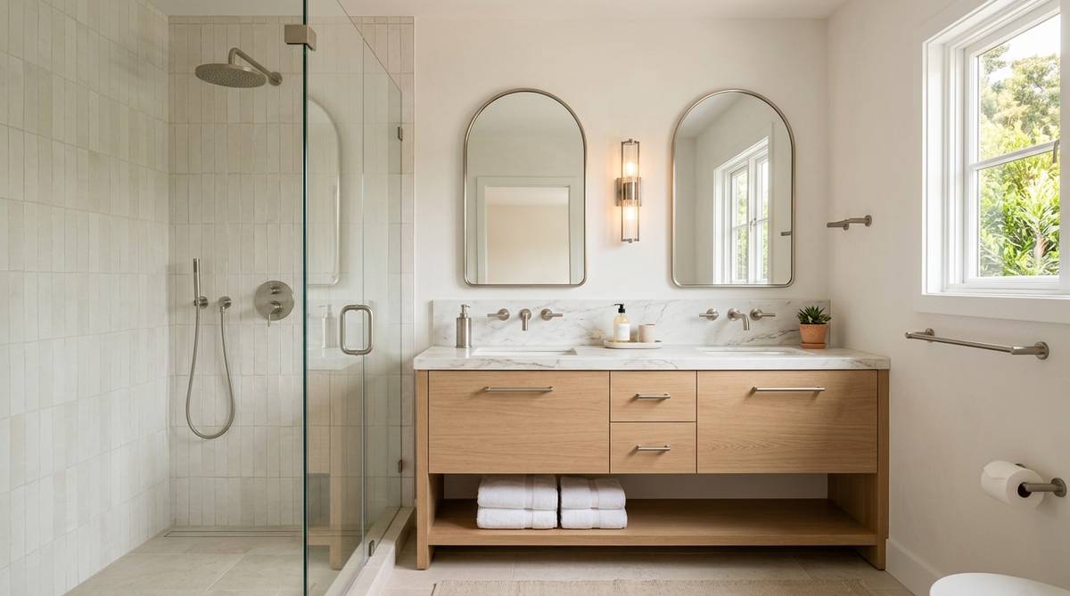 Coordinated bathroom fixtures and hardware in a warm modern finish palette