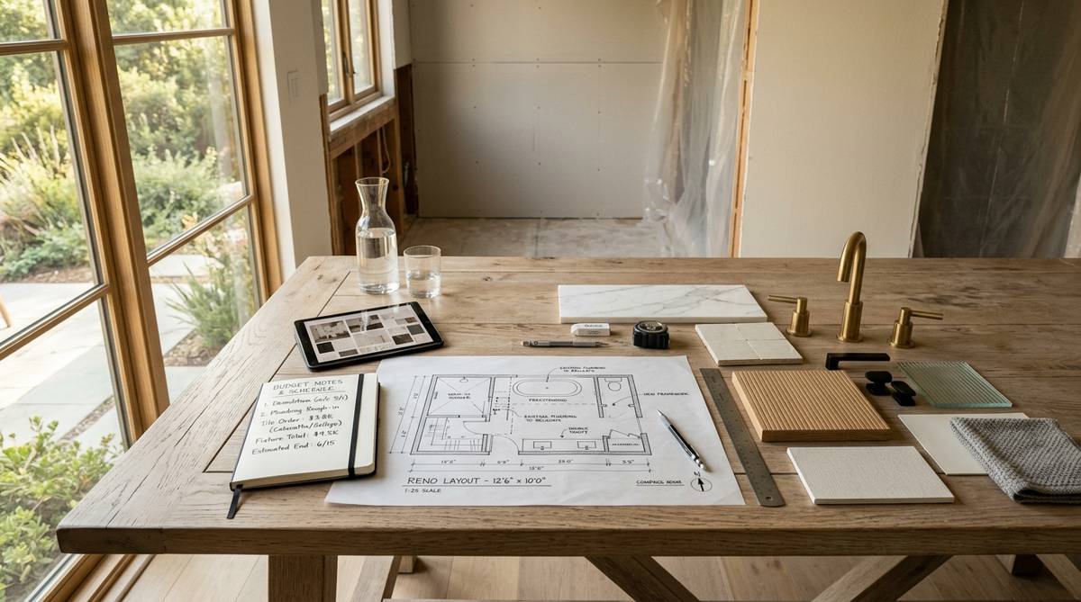 Bathroom renovation planning materials with layout sketches and finish samples