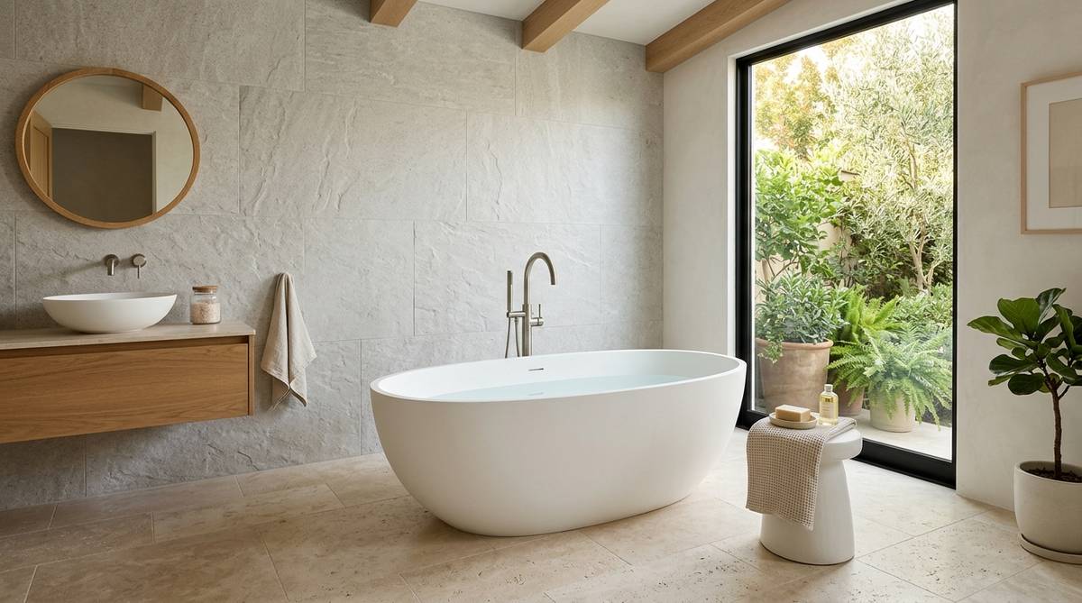 Freestanding soaking tub in a bright primary bathroom with stone tile and minimal fixtures