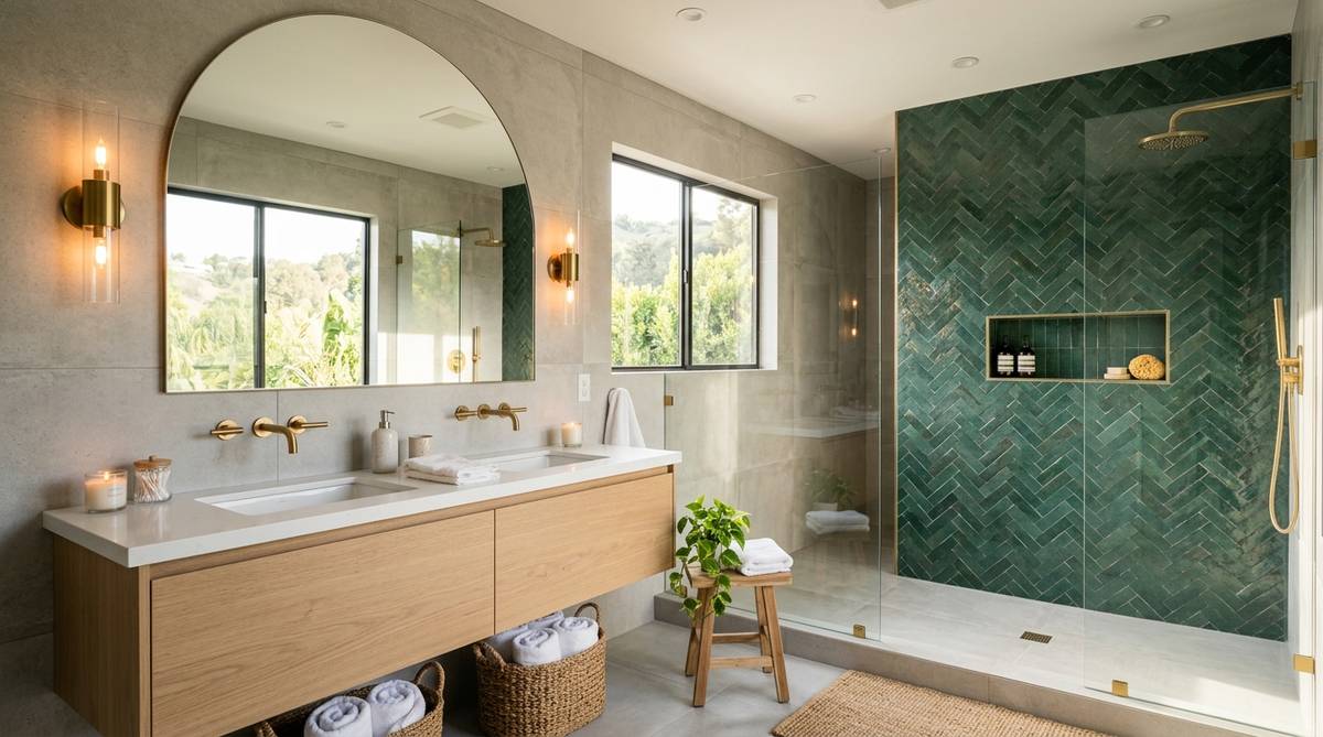 Bathroom with large-format tile walls and a statement tile feature behind a modern vanity