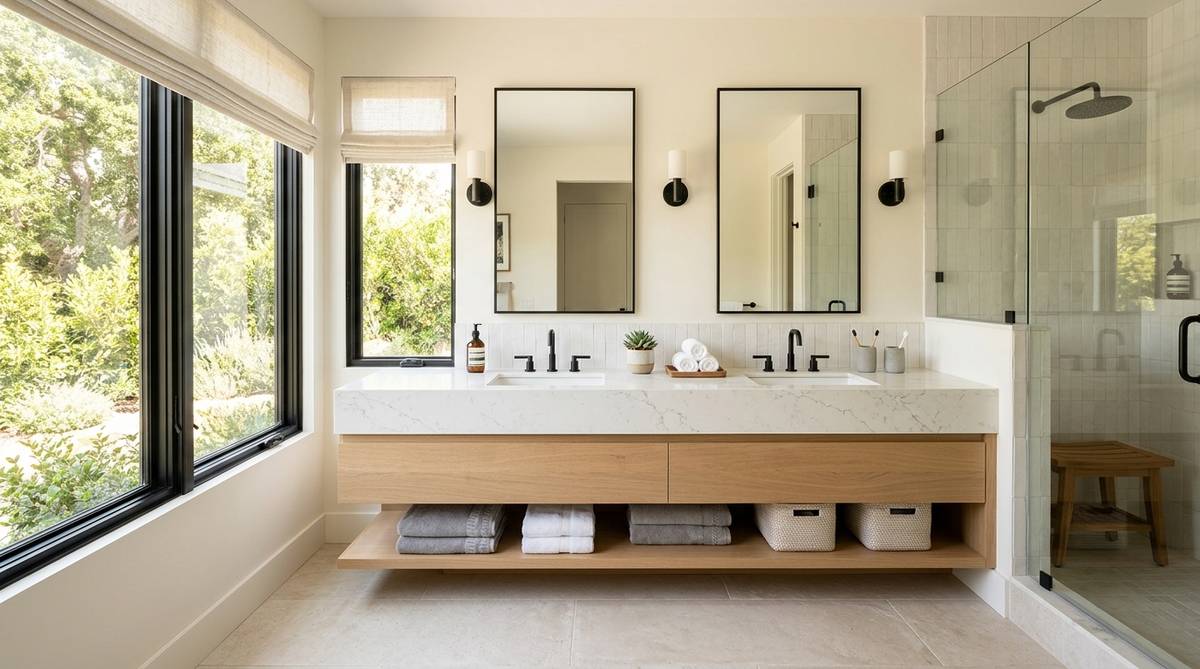 Double vanity bathroom with quartz countertop dual sinks and coordinated mirrors