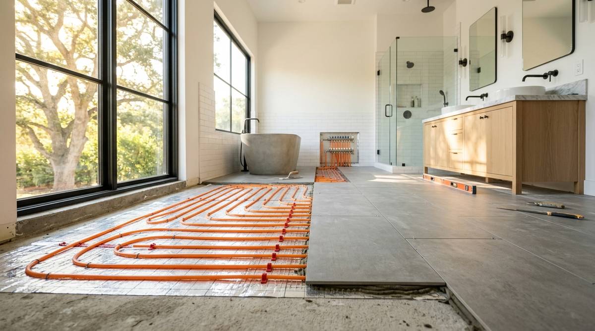 Radiant floor heating installed beneath bathroom tile in a modern renovation