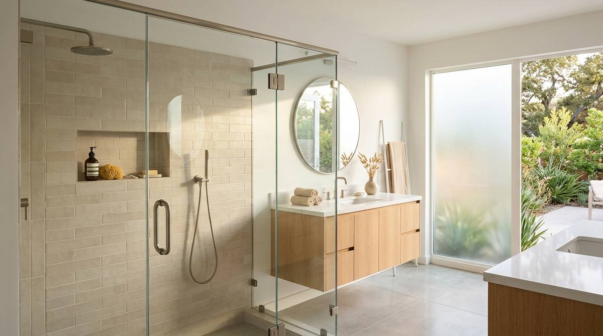 Frameless glass shower enclosure with brushed nickel hardware in a modern bathroom