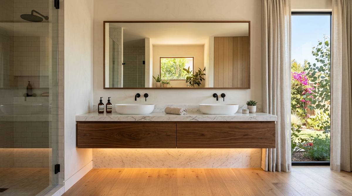 Floating bathroom vanity with under-cabinet LED lighting and modern finishes