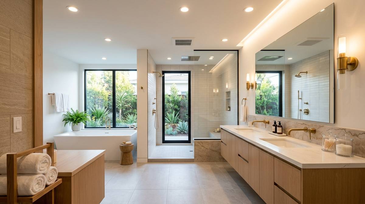 Modern bathroom with upgraded ventilation layered lighting and bright ambient glow