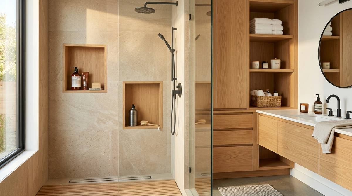 Built-in bathroom storage and shower niches with clean organized design