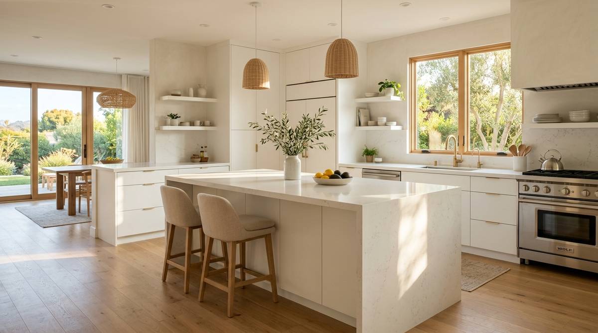 Quartz countertops with waterfall island and clean modern kitchen cabinetry