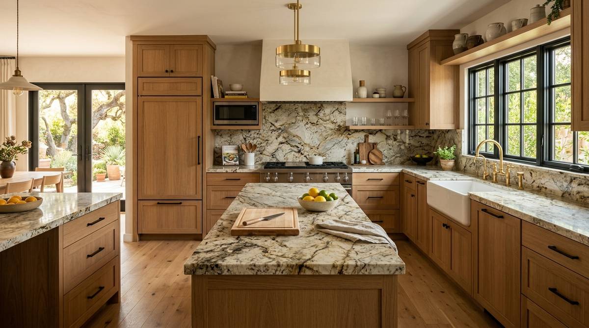 Granite countertops with natural stone movement in a warm modern kitchen