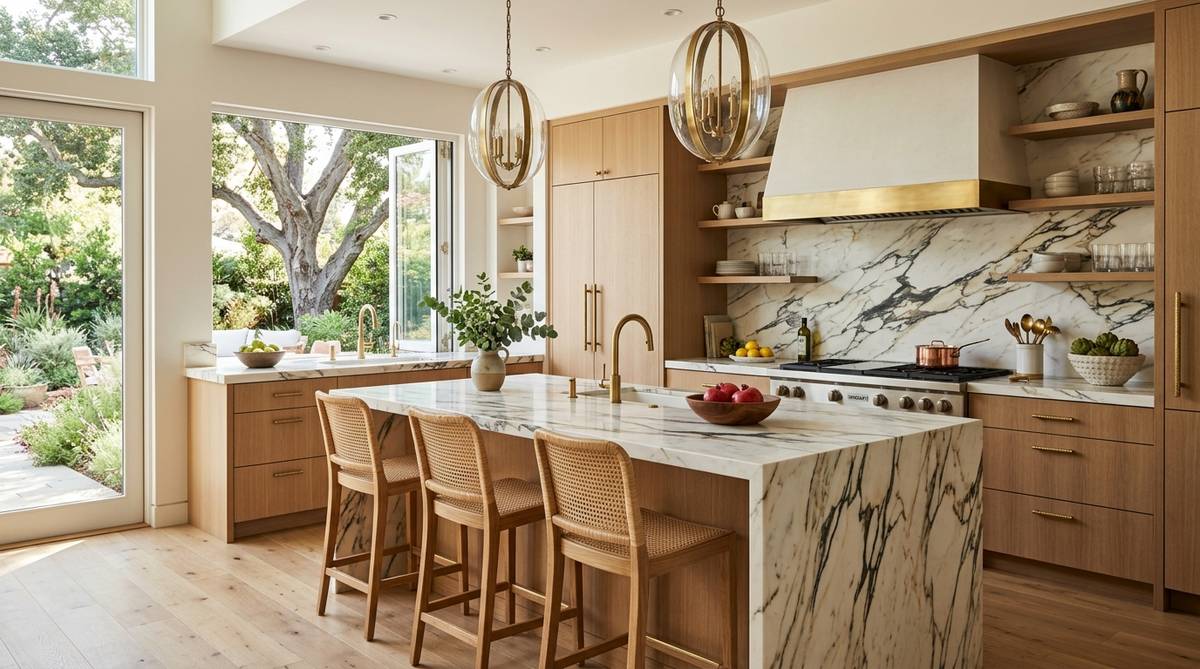 Marble countertops with dramatic veining and elegant kitchen backsplash detail