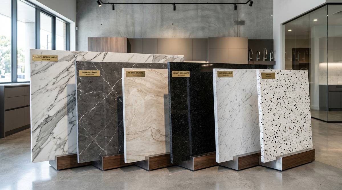 Premium countertop materials comparison display with multiple slabs and visible stone textures in a modern showroom