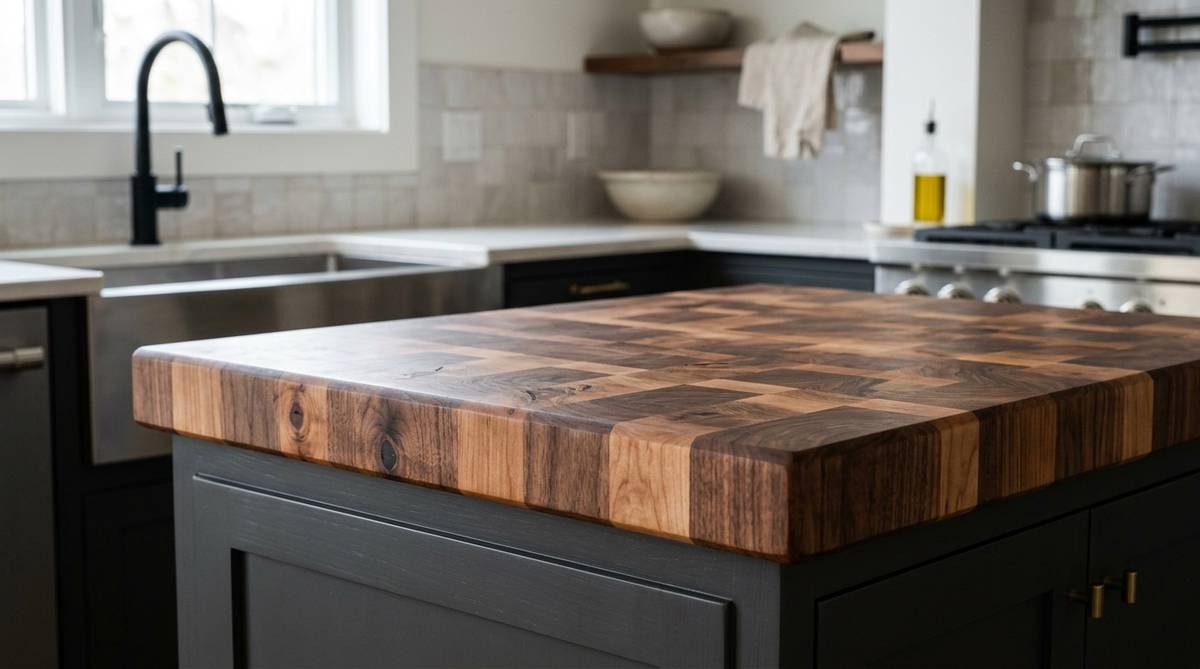 Close-up of butcher block countertop material with rich wood grain texture and edge detail