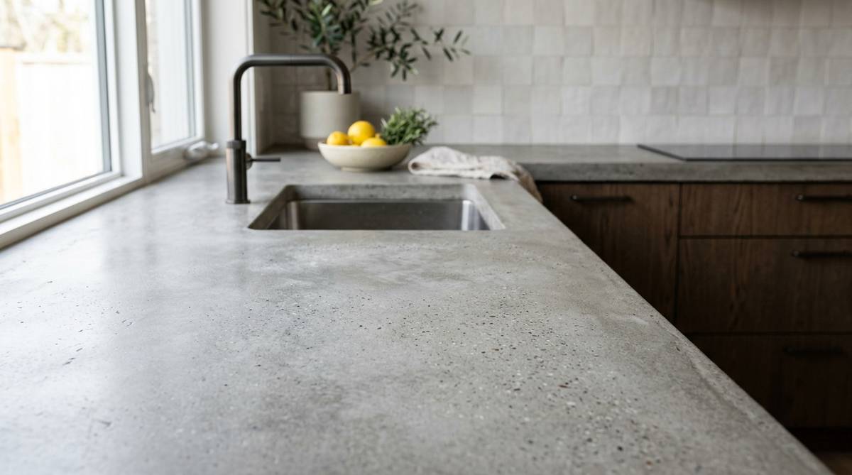 Close-up of refined concrete countertop material with matte texture and subtle aggregate detail