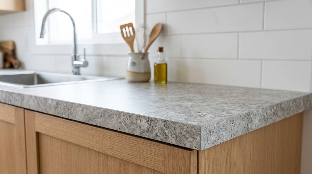 Close-up of laminate countertop material with realistic stone-look texture and clean edge profile