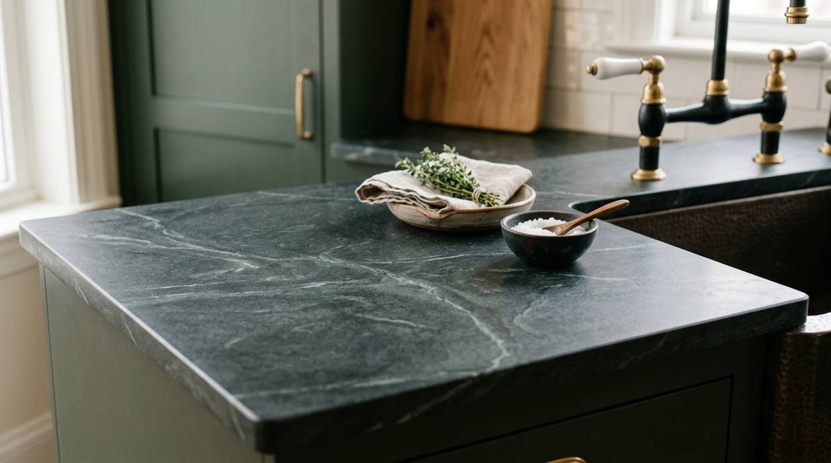 Close-up of soapstone countertop material with soft matte surface and subtle natural veining