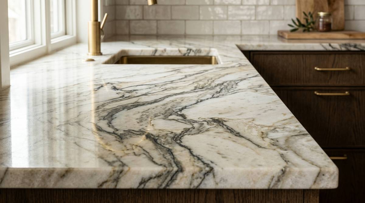 Close-up of quartzite countertop material with dramatic natural veining and polished texture