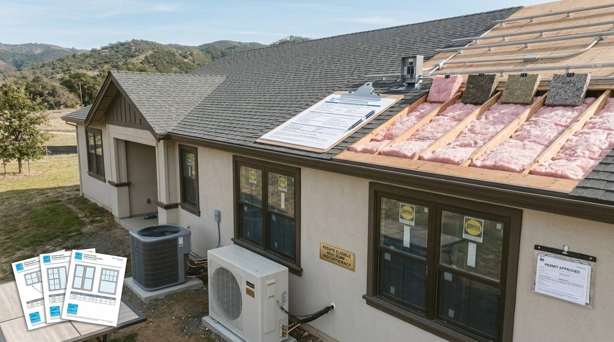 Bay Area energy rebate planning materials with insulation samples window spec sheets and heat pump equipment