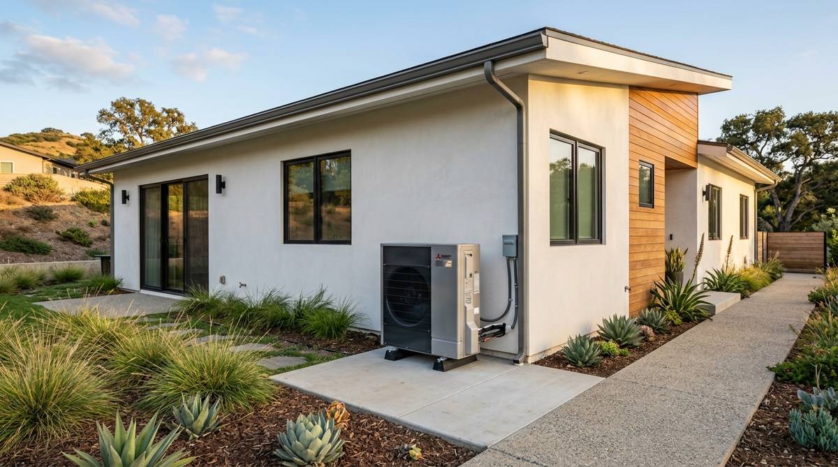 Energy efficient heat pump HVAC upgrade installed beside a California home