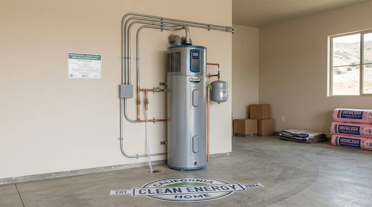 Heat pump water heater installed in a clean California garage utility area as part of an energy-efficient home upgrade