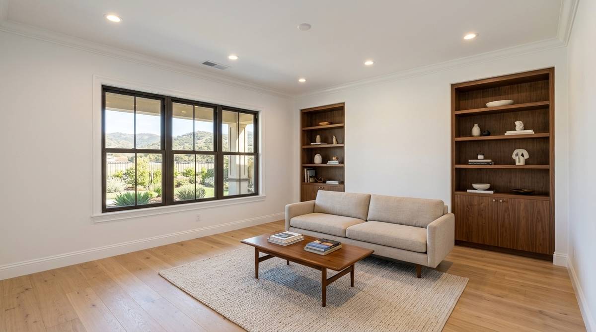 Remodeled Bay Area room lit by warm recessed LED lighting and efficient modern fixtures