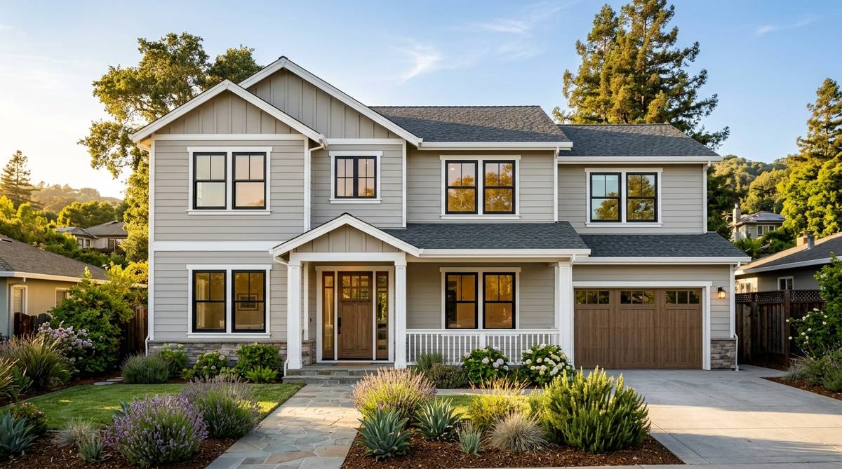 Exterior home renovation with new siding windows and coordinated trim on a Bay Area house