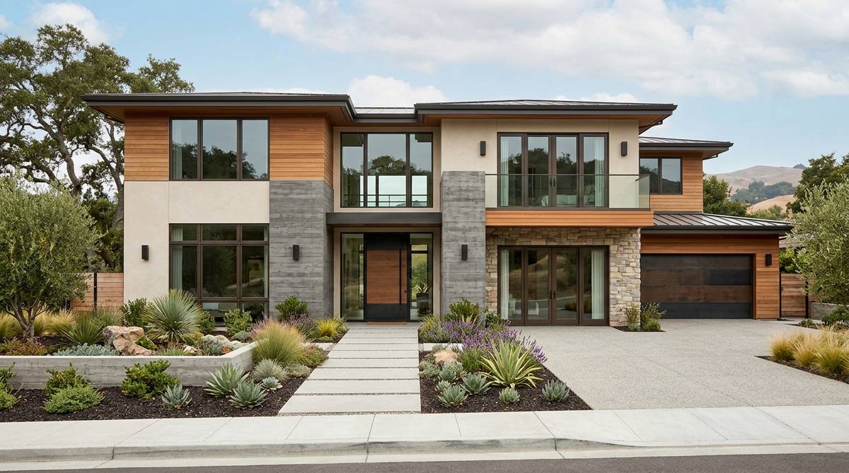 Bay Area curb appeal trends with mixed materials dark window frames and drought-tolerant landscape