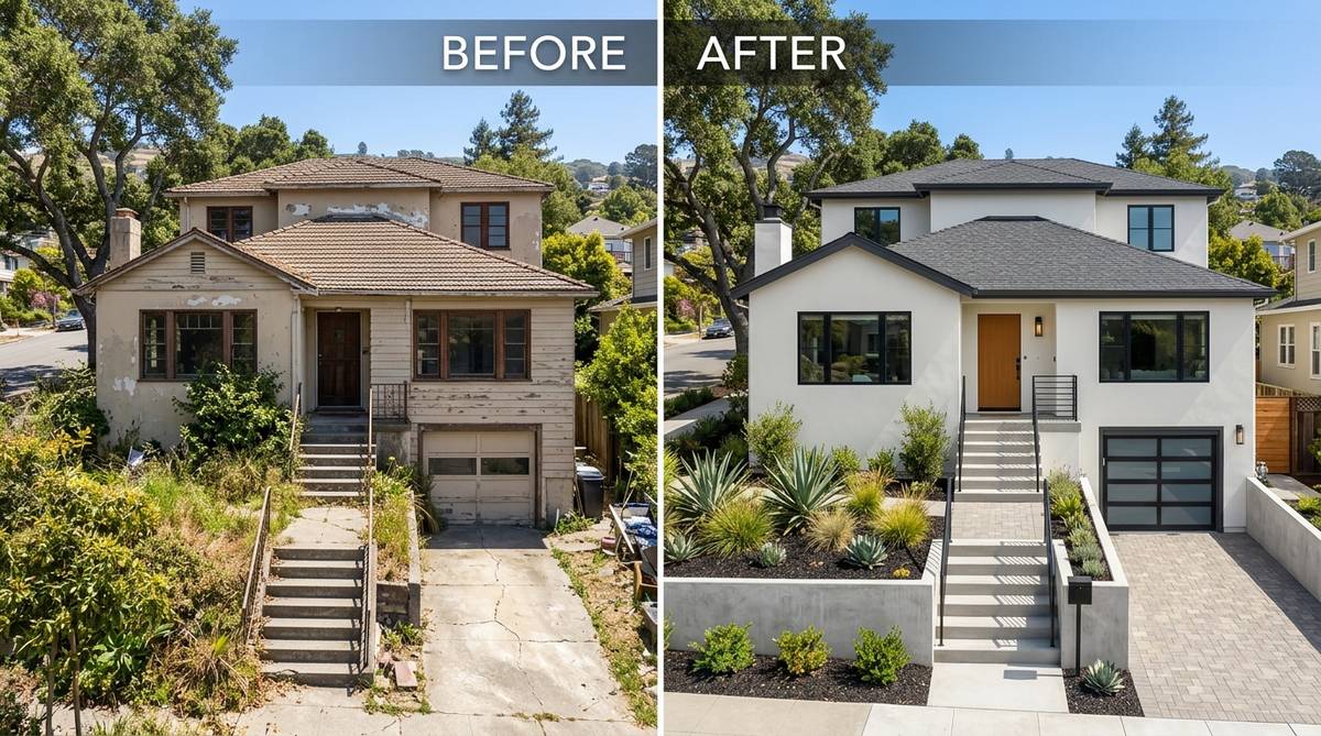 Renovated Bay Area home exterior with strong before-and-after curb appeal impact