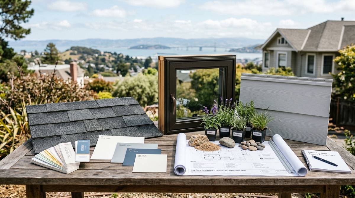 Exterior renovation planning materials including roofing paint window and siding samples